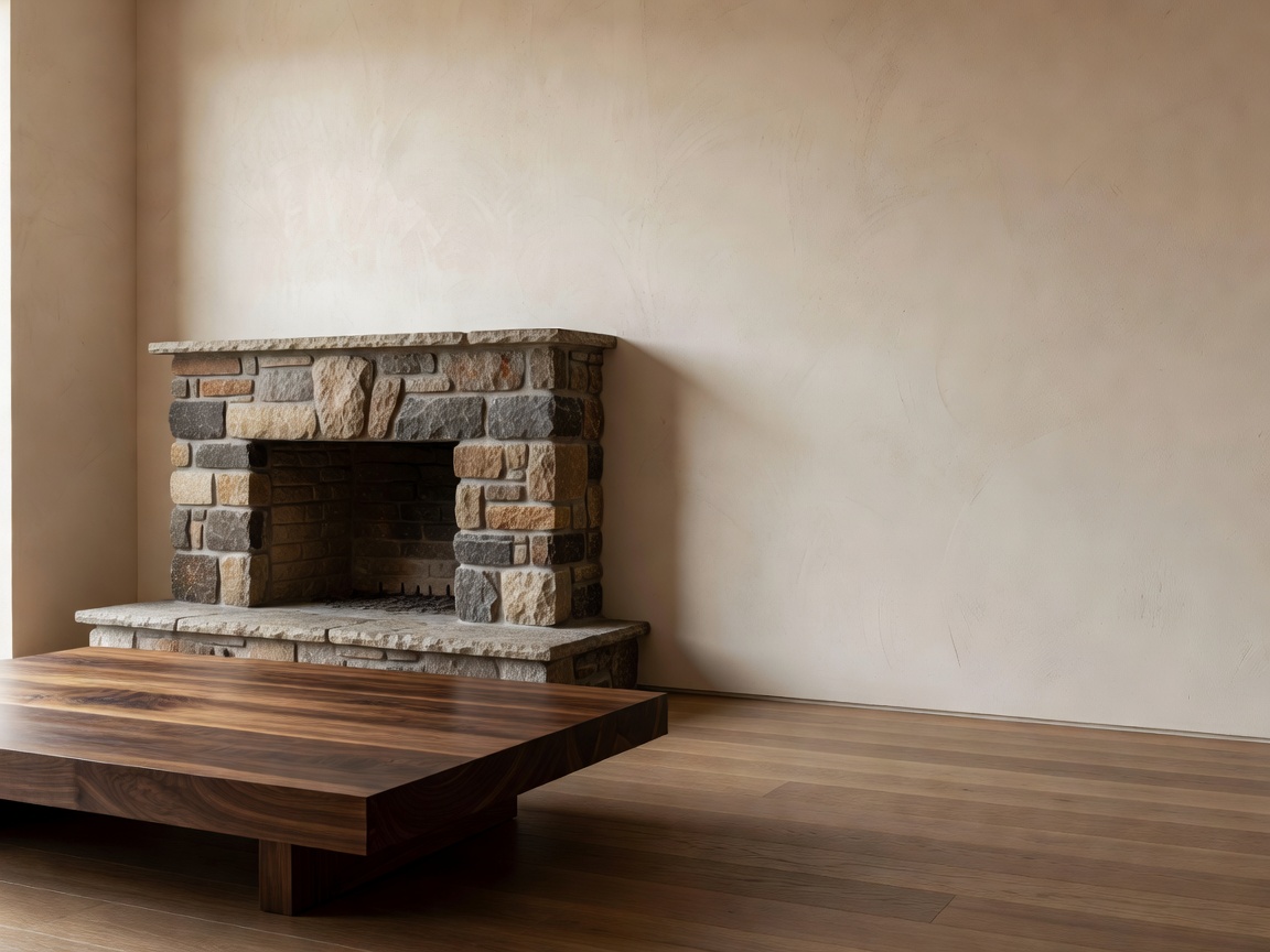 Material finishes of acoustic wood slats stone and plaster in home interior