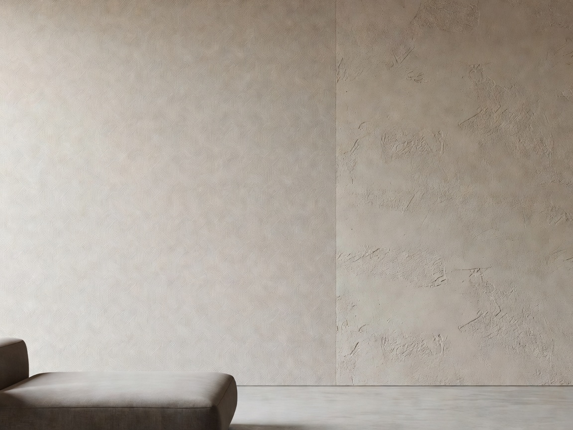 Textured wallpaper and wall plaster in modern architectural interior